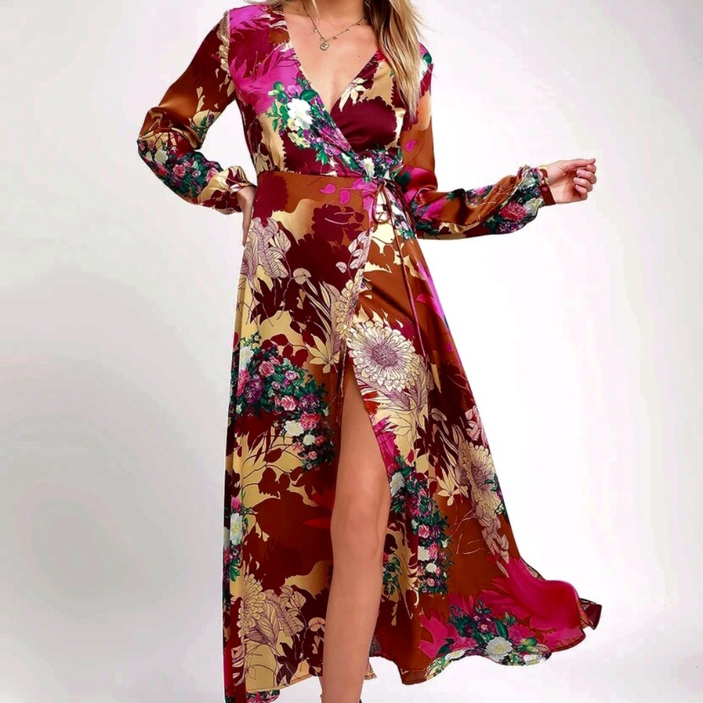 Lulus Burgundy Floral Print Satin Wrap Maxi Dress